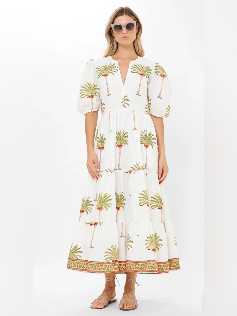 Oliphant 100% Cotton White Palm-Print Puff Sleeve Maxi Dress | Size Small 🌴